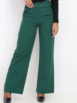 Best La Modeuse Pantalon large ceinturé Vertfoncé