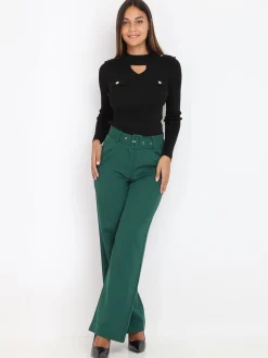 Best La Modeuse Pantalon large ceinturé Vertfoncé