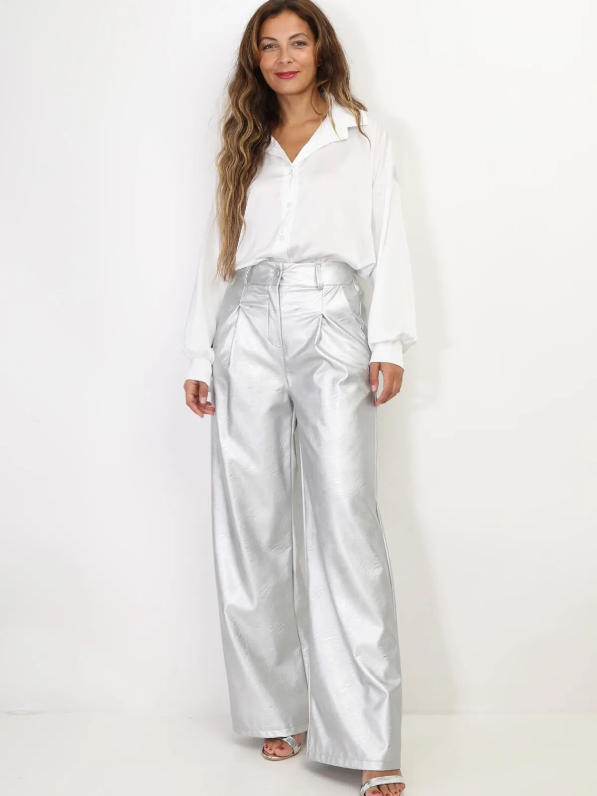 Clearance La Modeuse Pantalon large en simili Grisclair