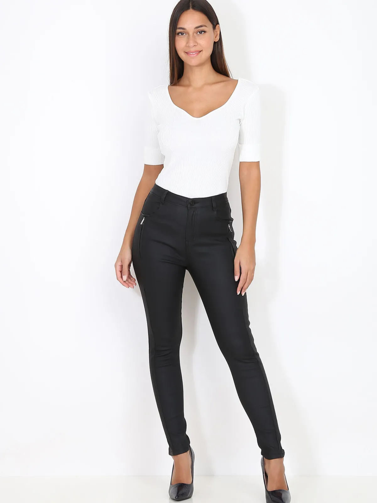 Clearance La Modeuse Pantalon moulant enduit et zippé Noir