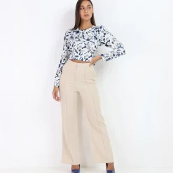 La Modeuse Pantalon palazzo à taille haute Beige