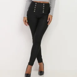 La Modeuse Pantalon skinny en simili à boutons Noir