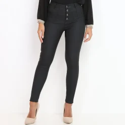New La Modeuse Pantalon skinny enduit à boutons Noir
