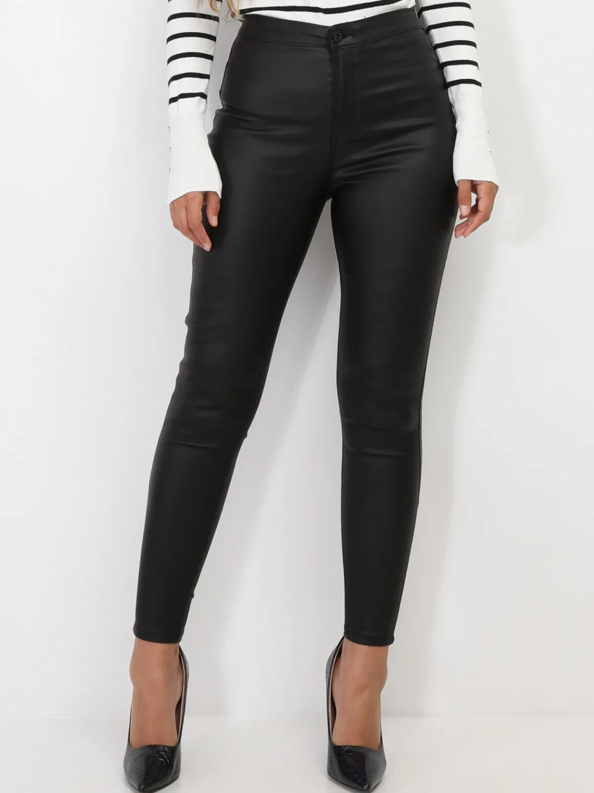 Hot La Modeuse Pantalon skinny taille haute enduit Noir