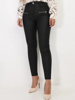 Outlet La Modeuse Pantalon slim à zips métalliques Noir