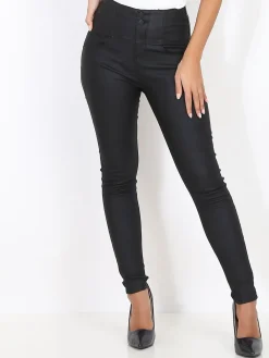 Discount La Modeuse Pantalon slim enduit à zip et boutons Noir