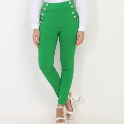 Sale La Modeuse Pantalon taille haute à boutons officier Vert