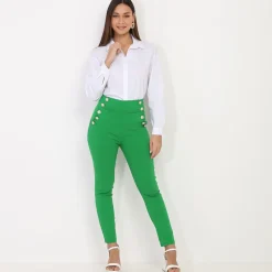 Sale La Modeuse Pantalon taille haute à boutons officier Vert