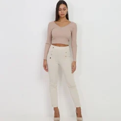 Hot La Modeuse Pantalon taille haute à boutons Beige