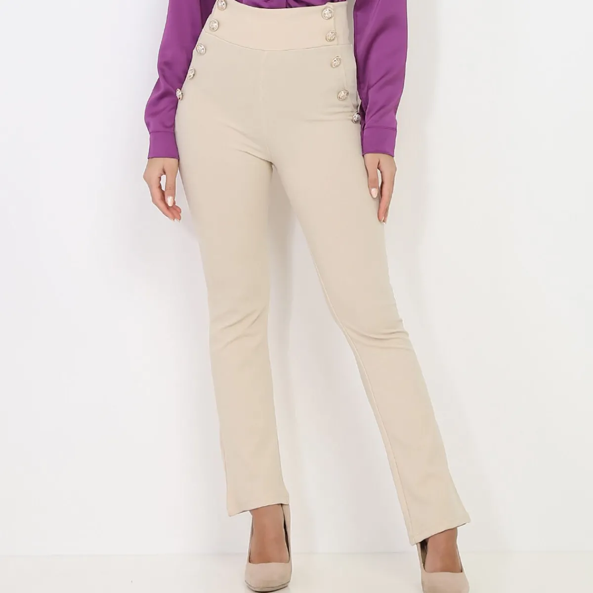 Sale La Modeuse Pantalon taille haute style officier Beige