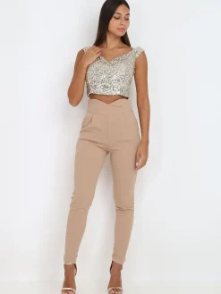 Best La Modeuse Pantalon uni taille haute Taupe