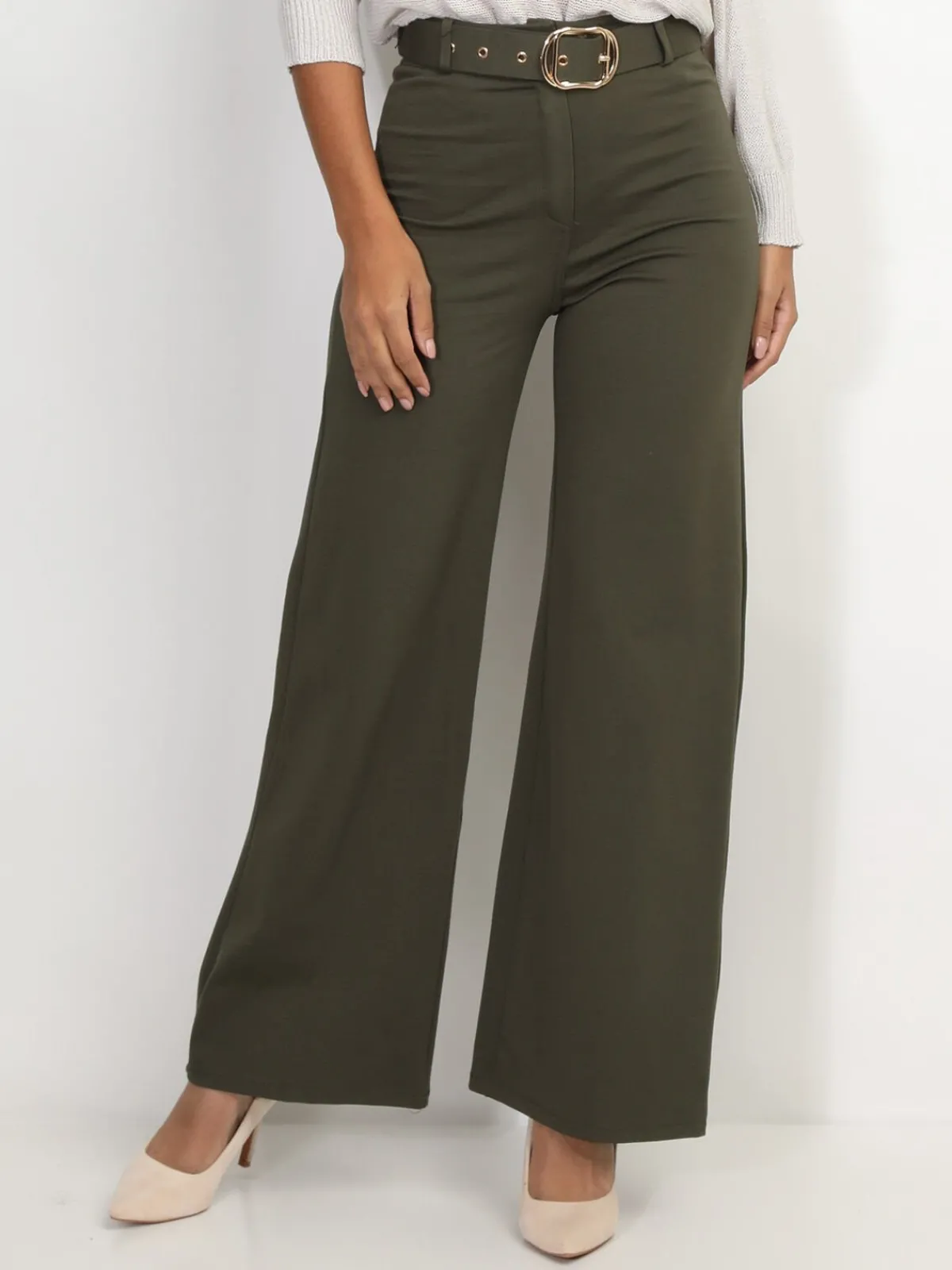 Sale La Modeuse Pantalon évasé avec ceinture Kaki