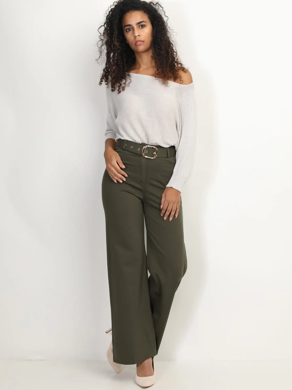 Sale La Modeuse Pantalon évasé avec ceinture Kaki