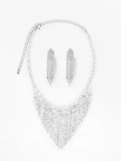Clearance La Modeuse Parure collier et boucles à franges strassées Argenté