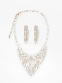 Hot La Modeuse Parure collier et boucles à franges strassées Doré