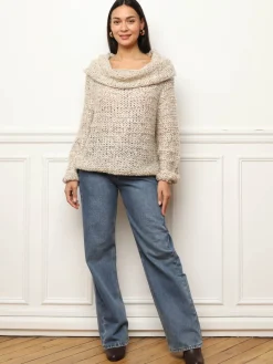 Outlet La Modeuse Pull à col bardot et fils pailletés Beige