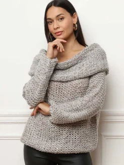 Hot La Modeuse Pull à col bardot et fils pailletés Gris