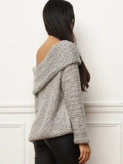 Hot La Modeuse Pull à col bardot et fils pailletés Gris