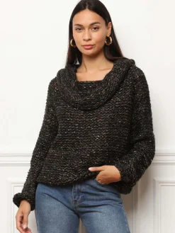 Discount La Modeuse Pull à col bardot et fils pailletés Noir
