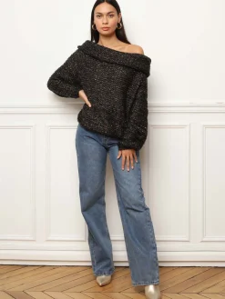 Discount La Modeuse Pull à col bardot et fils pailletés Noir