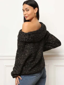 Discount La Modeuse Pull à col bardot et fils pailletés Noir
