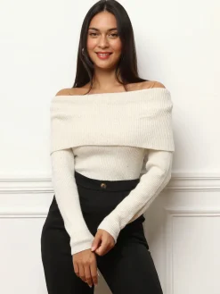 Discount La Modeuse Pull à col bardot et sequins Beige