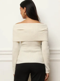 Discount La Modeuse Pull à col bardot et sequins Beige