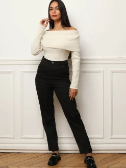 Discount La Modeuse Pull à col bardot et sequins Beige