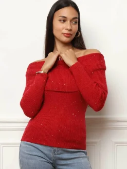 Outlet La Modeuse Pull à col bardot et sequins Rouge