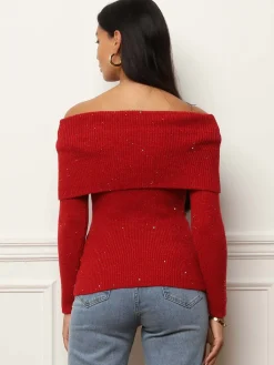 Outlet La Modeuse Pull à col bardot et sequins Rouge