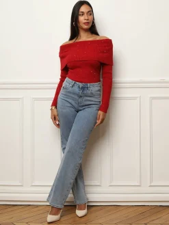 Outlet La Modeuse Pull à col bardot et sequins Rouge
