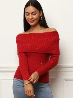Outlet La Modeuse Pull à col bardot et sequins Rouge