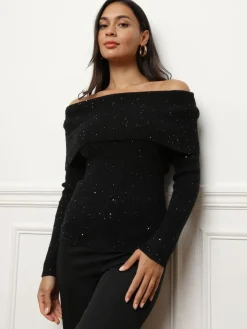 Sale La Modeuse Pull à col bardot et sequins Noir