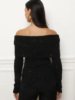 Sale La Modeuse Pull à col bardot et sequins Noir