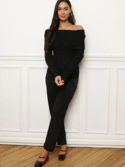 Sale La Modeuse Pull à col bardot et sequins Noir