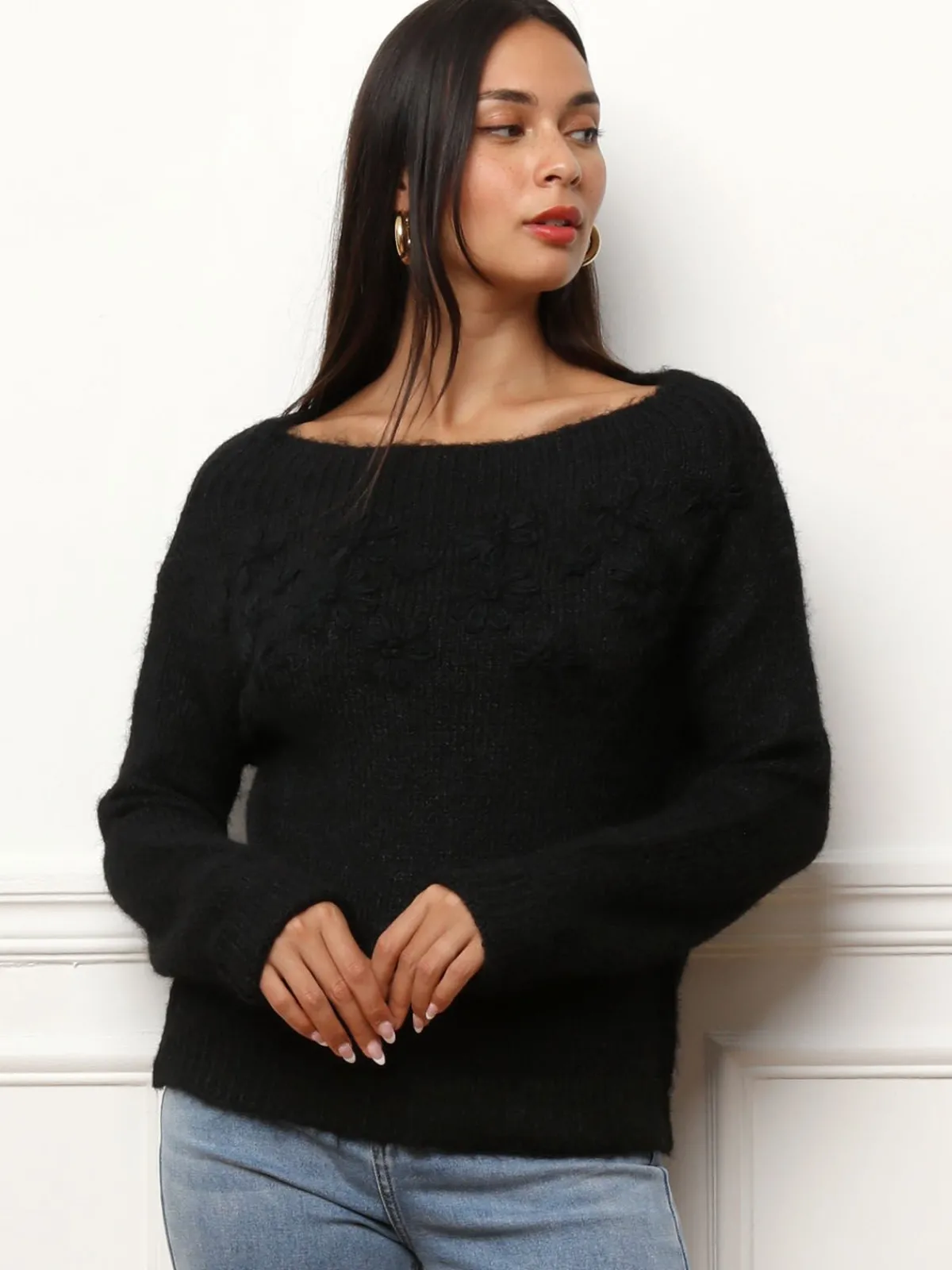 Discount La Modeuse Pull à col bateau et fleurs brodées Noir