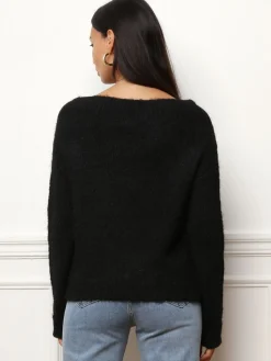 Discount La Modeuse Pull à col bateau et fleurs brodées Noir