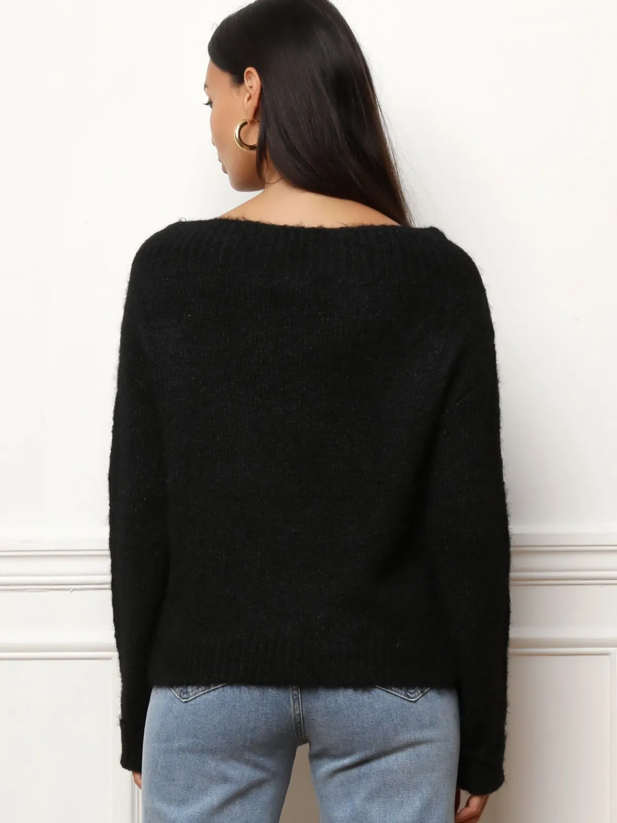 Discount La Modeuse Pull à col bateau et fleurs brodées Noir