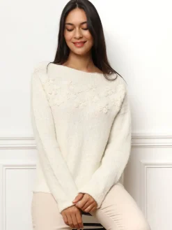 Best La Modeuse Pull à col bateau et fleurs brodées Beige