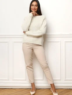 Best La Modeuse Pull à col bateau et fleurs brodées Beige
