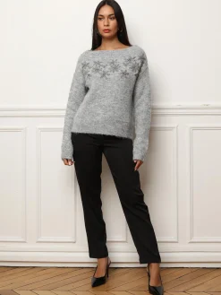Clearance La Modeuse Pull à col bateau et fleurs brodées Grisclair