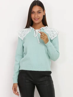 Sale La Modeuse Pull à col claudine XL en dentelle Vertclair
