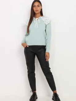 Sale La Modeuse Pull à col claudine XL en dentelle Vertclair