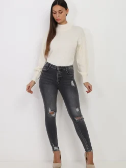 Hot La Modeuse Pull à col montant et manches bouffantes Beige