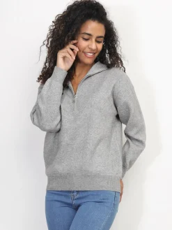 Hot La Modeuse Pull à col montant zippé Gris