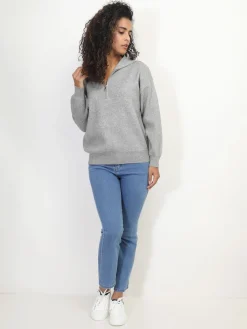 Hot La Modeuse Pull à col montant zippé Gris