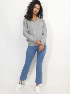 Hot La Modeuse Pull à col montant zippé Gris