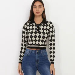 New La Modeuse Pull à col Polo en motif losanges Noir