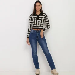 New La Modeuse Pull à col Polo en motif losanges Noir