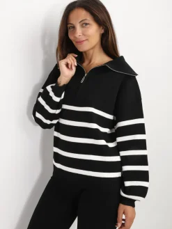 Clearance La Modeuse Pull à col zippé et rayures Noir